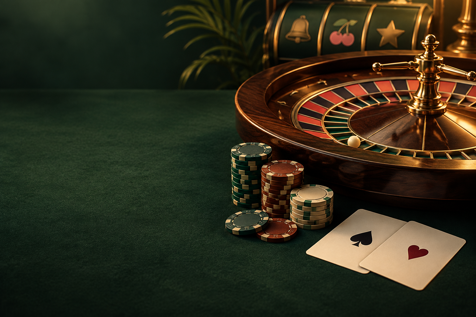 Ilustrasi casino dengan roulette dan kartu; bukan tampilan layanan nyata